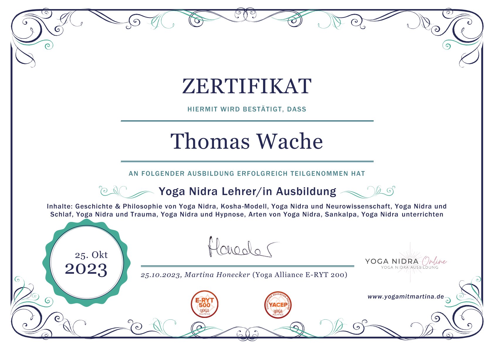 Yoga Nidra Lehrer Zertifikat - Thomas Wache