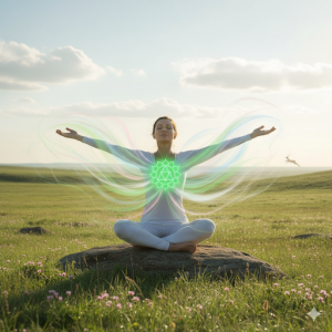 Symbolbild für das Anahata Chakra. Eine Frau im Meditationssitz auf einer grünen Wiese. Die Energieströme sind symbolisch dargestellt.