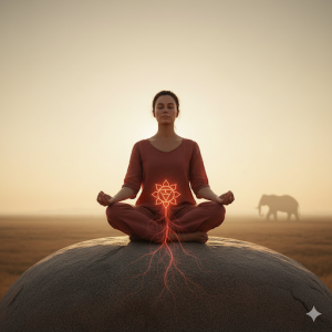 Symbolbild für das Muladhara Chakra. Eine Frau sitzt im Meditationssitz auf einem großen Stein, im Hintergrund ist ein Elefant zu sehen. Der Energiefluss ist symbolisch dargestellt.