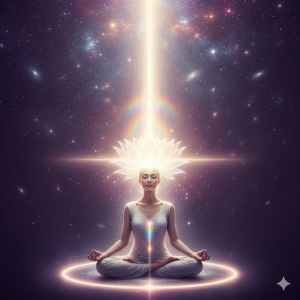 Symbolbild für das Sahasrara Chakra. Eine Frau im Meditationssitz umgeben vom Universum. Ein Energiestrom aus weißem Licht schießt aus ihrem Kopf nach oben.