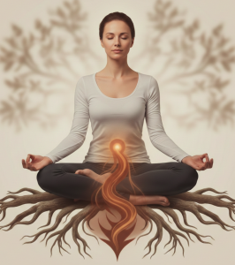 Abbildung einer Frau, die im Meditationssitz die Atemübung Apana Vayu Pranayama praktiziert. Es ist ein Energieaustausch zwischen ihr und den Wurzeln, auf denen sie sitzt, stattfindet.