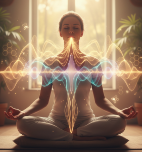 Abbildung einer Frau, die im Meditationssitz, die Yoga Atemübung Bhramari praktiziert. Es ist symbolhaft angedeutet wie Energie aus ihrem Mund ausströmt.