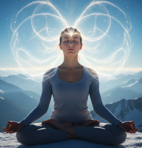 Abbildung einer Frau die im Meditationssitz die Yoga Atemübung Kapalabhati praktiziert.