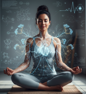 Abbildung einer Frau im Meditationssitz die Lufanhalten (Kumbhaka) praktiziert. Der wissenschaftliche Aspekt der Übung ist symbolhaft angedeutet.