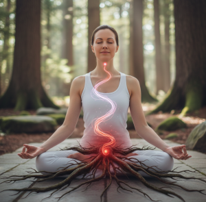 Abbildung einer Frau, die im Meditationssitz, die Yogaübung Mula Bandha praktiziert. Die Energieströme sind symbolisch dargestelt.