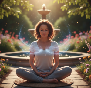 Abbildung einer Frau im Meditationssitz, die die Yoga Atemübung Murcha praktiziert. Symbolhaft wird die Energie des Brustkorbs dargestellt.