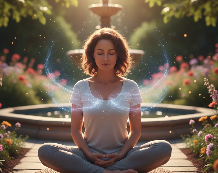 Abbildung einer Frau im Meditationssitz, die die Yoga Atemübung Murcha praktiziert. Symbolhaft wird die Energie des Brustkorbs dargestellt.