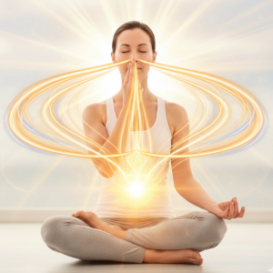 Abbildung einer Frau, die im Meditationssitz, die Yoga Atemübung Suryabheda praktiziert. Die Energieströme sind symbolisch dargestellt.