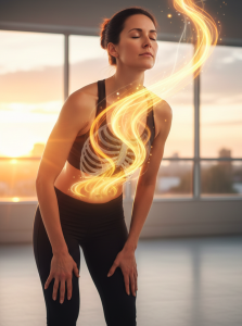 Abbildung einer Frau, die stehend, die Yoga Übung Uddiyana Bandha praktiziert. Die Energieströme sind symbolisch dargestellt.