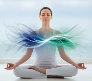 Abbildung einer Frau, die im Meditationssitz, die Yoga Atemübung Ujjayi praktiziert. Die Energieströme sind symbolisch dargestellt.