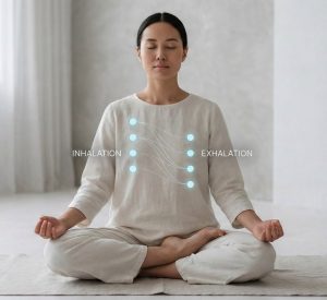 Abbildung einer Frau, die Segmented Breathing als Atemübung praktiziert.