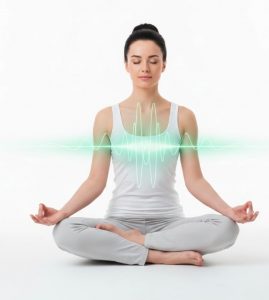 Abbildung einer sitzenden Frau die Coherent Breathing praktiziert.