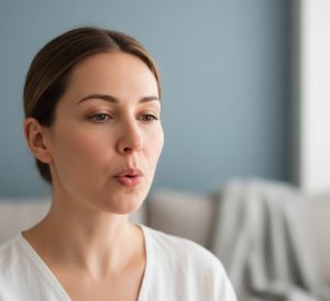 Abbildung einer Frau die ihre Lippen zusammenzieht um den Lufstrom durch ein kleines Loch zu ziehen.