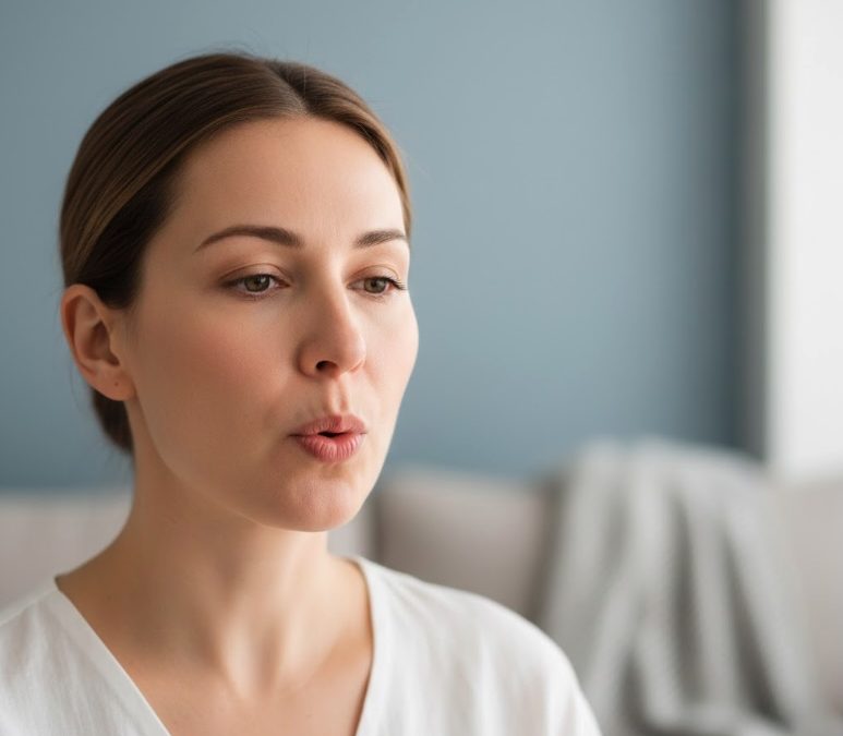 Abbildung einer Frau die ihre Lippen zusammenzieht um den Lufstrom durch ein kleines Loch zu ziehen.