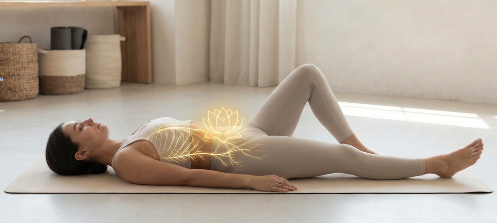 Abbildung einer Frau die entspannt auf dem Boden liegt. Über ihrem Bauch ist in gelber Farbe eine Lotusblüte abgebildet.