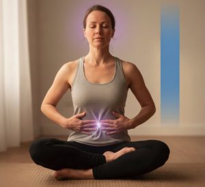 Abbildung einer Frau, die in der sitzenden Position, ihr Zwerfell abtastet.