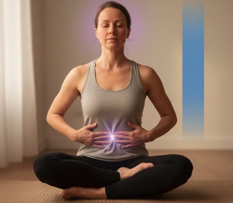 Abbildung einer Frau, die in der sitzenden Position, ihr Zwerfell abtastet.