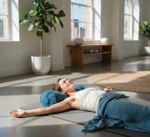 Abbildung einer Frau in liegender Position, die Segmented Breathing 1:8 praktiziert.