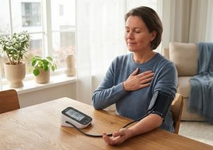 Abbildung einer Frau die ihren Blutdruck überprüft.