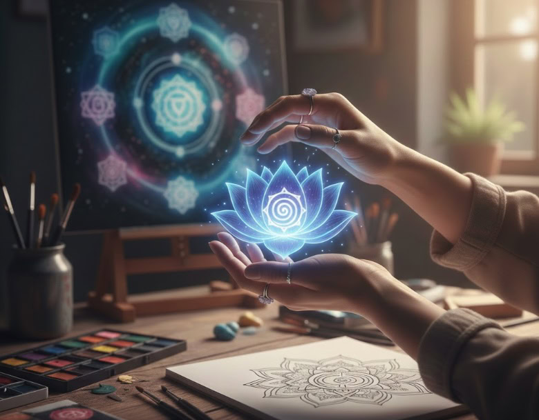 Abbildung zweier Hände, die ein Chakra Symbol schützen.