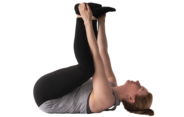 Abbildung einer Frau in der Yin Yoga Position "Glückliches Kind"