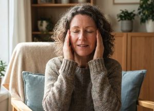 Abbildung einer Frau, die sich wegen Kopfschmerzen an die Schläfen fasst.