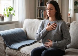 Abbildung einer Frau, die auf dem Sofa sitzend, sich die Hände auf den Bauch- und Brustbereich legt.