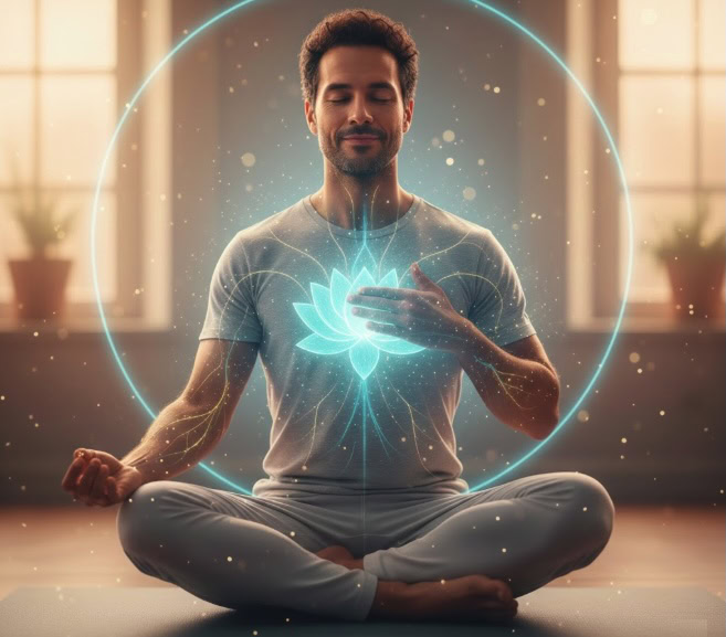 Abbildung von einem Mann der im Schneidersitz auf dem Boden sitzt und sich sanft auf die Thymusdrüse klopft.