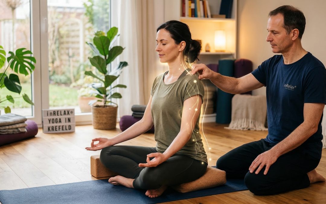 Ein Mann behandelt eine Frau mit Fingerdruck. Die Frau sitzt im Meditations-Sitz.